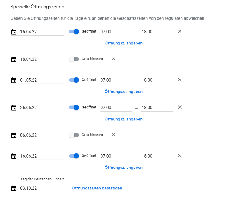 Screenshot der Benutzeroberfläche von den Einstellungen der Öffnungszeiten bei Google´s Unternehmensprofil