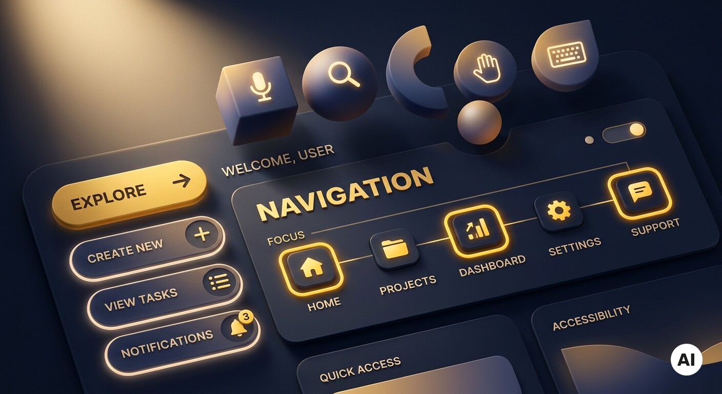Dunkle Benutzeroberfläche mit golden leuchtenden Symbolen für Navigation, Suche, Dashboard und Barrierefreiheit
