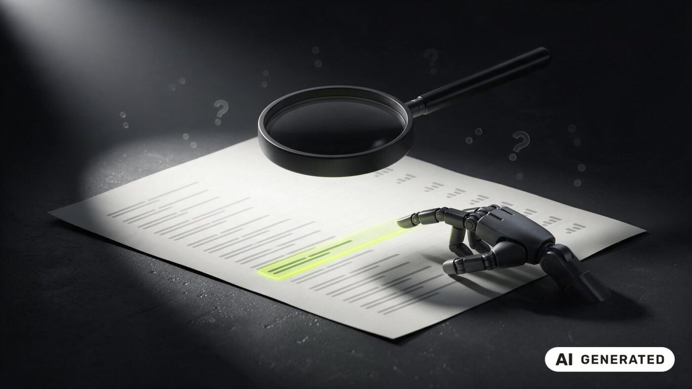 KI-generierte Illustration: Eine Lupe liegt über einer Liste von Suchanfragen auf Papier, eine Roboterhand zeigt auf eine limettengrün markierte Zeile; rechts unten das EU-Kennzeichen 'AI generated'