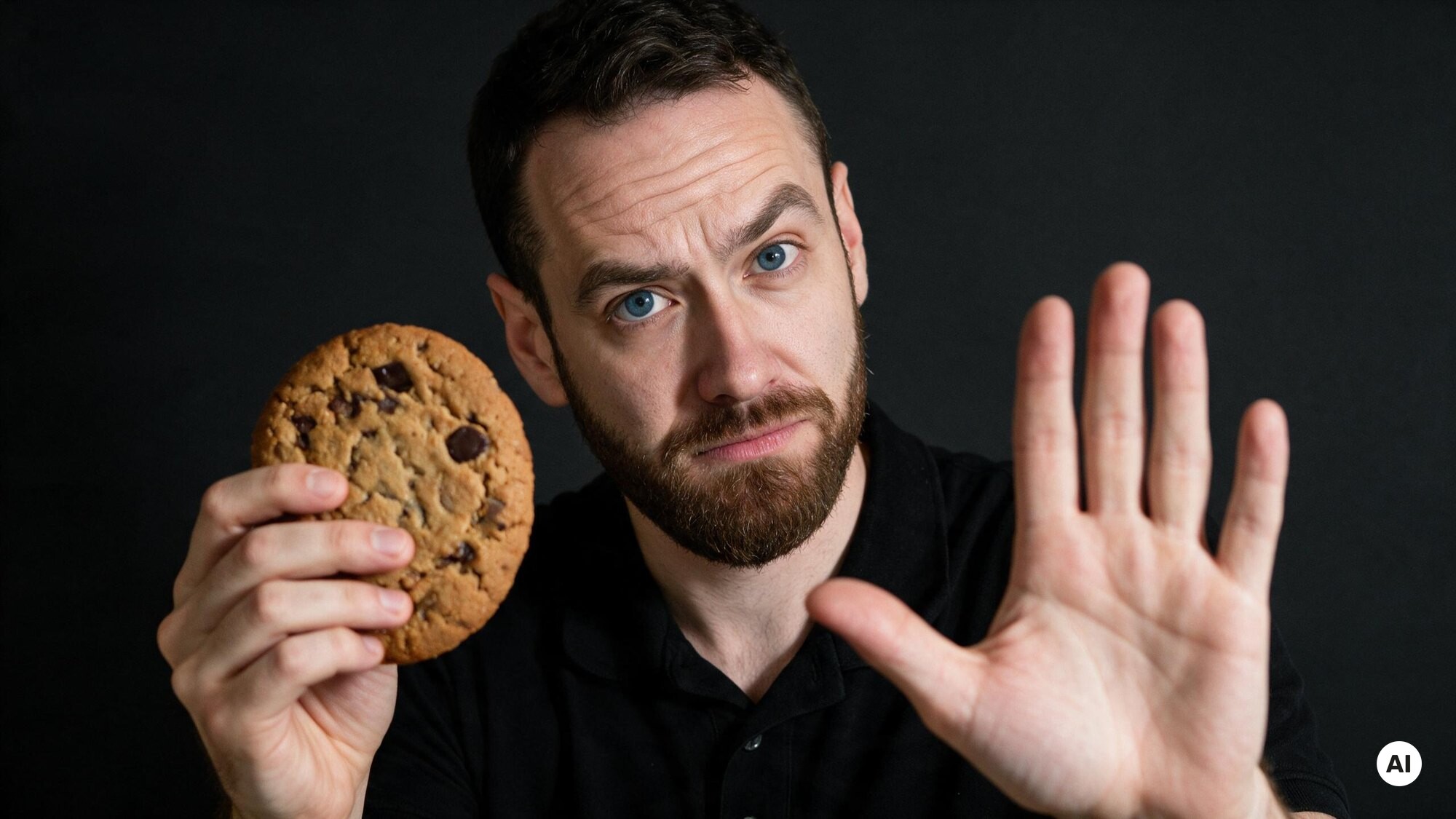 Mann mit Bart hält einen Schokoladenkeks hoch und streckt die andere Hand als Stopp-Geste vor