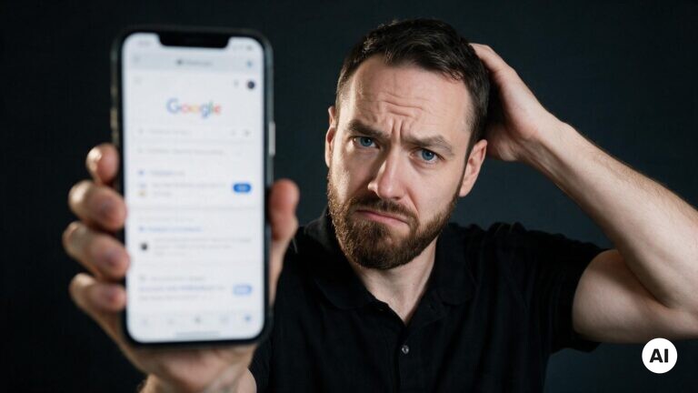 Mann mit Bart hält ein Smartphone mit einer Google-Suchseite zur Kamera und kratzt sich mit der anderen Hand am Hinterkopf, die Stirn gerunzelt