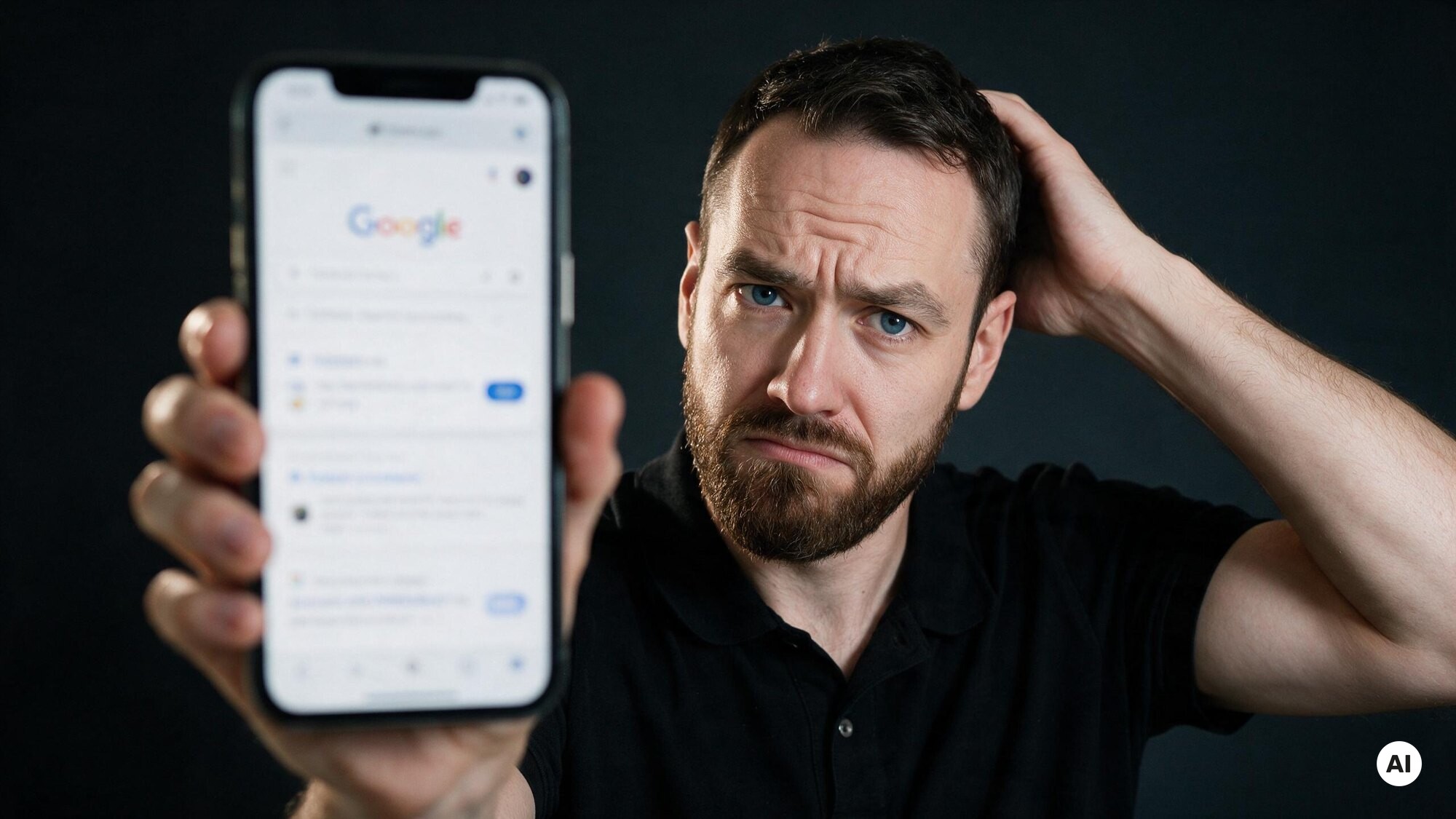 Mann mit Bart hält ein Smartphone mit einer Google-Suchseite zur Kamera und kratzt sich mit der anderen Hand am Hinterkopf, die Stirn gerunzelt
