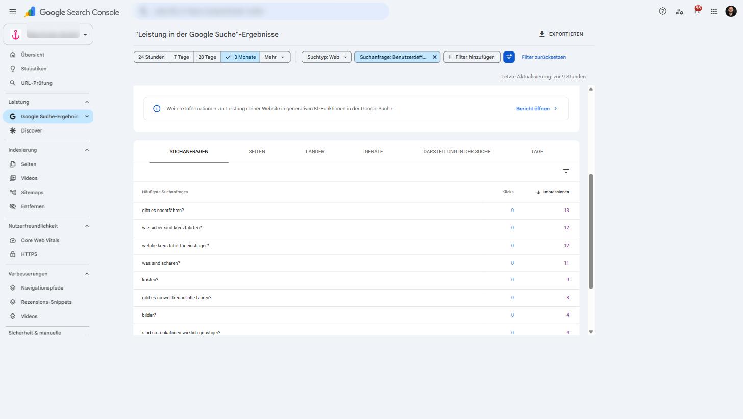 Google Search Console, Leistungsbericht mit Regex-Filter auf kurze Fragen: Suchanfragen wie 'gibt es nachtfähren?', 'was sind schären?' und 'kosten?' mit 0 Klicks bei 4 bis 13 Impressionen
