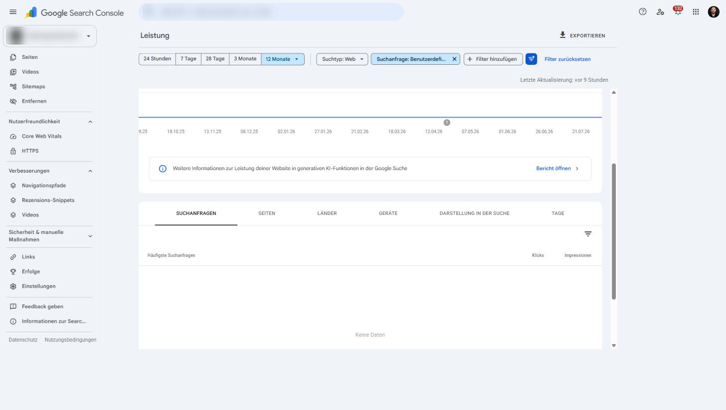 Google Search Console mit dem Regex-Filter (?i)(site:.*official|official.*site:) über zwölf Monate: die Meldung 'Keine Daten'