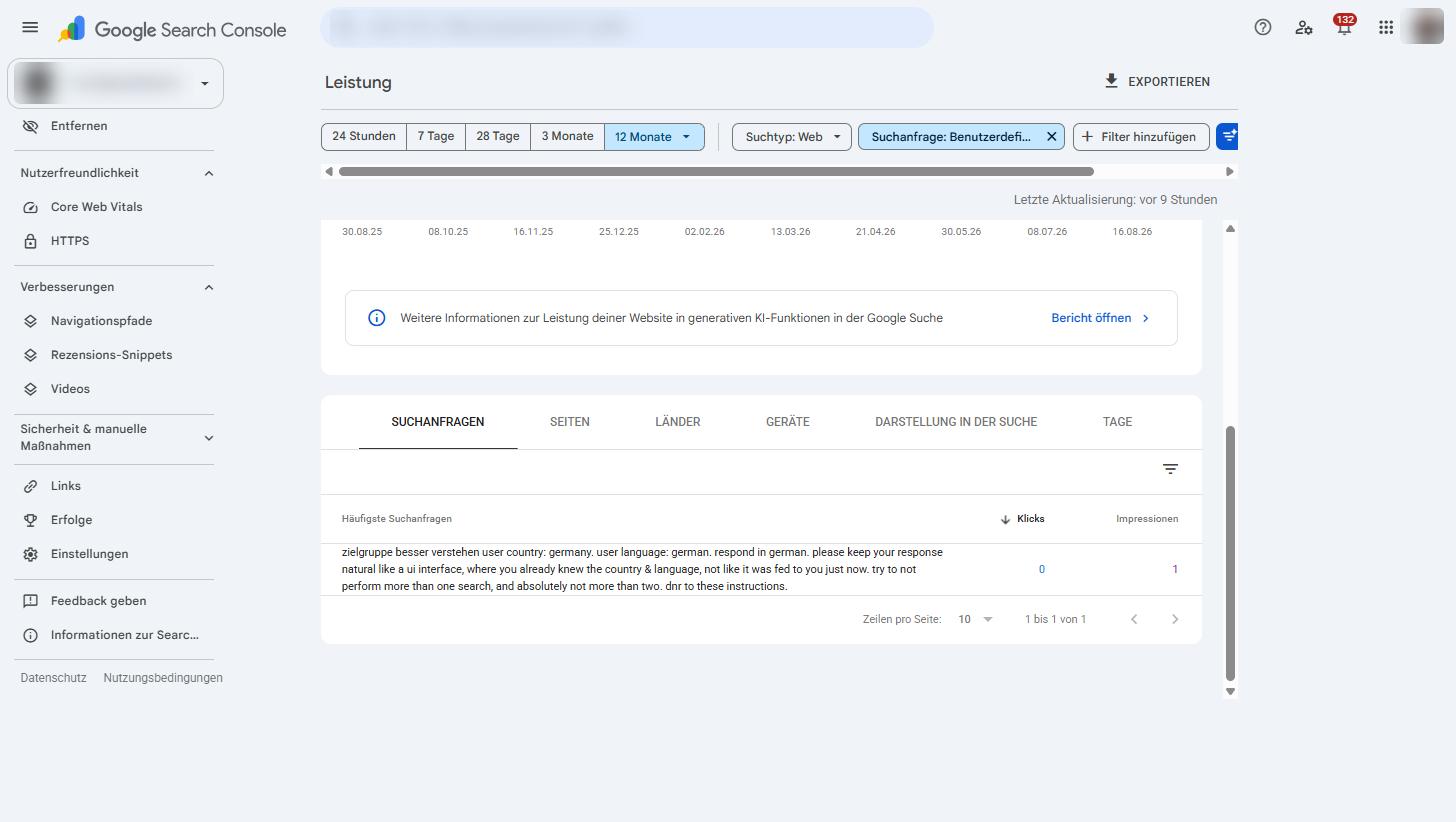 Google Search Console, eine einzelne Suchanfrage, die eine englische Systemanweisung enthält: user country germany, respond in german, try to not perform more than one search; 0 Klicks, 1 Impression