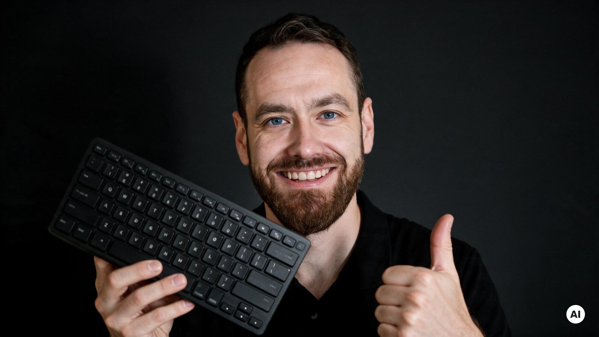 Mann mit Bart hält eine schwarze Tastatur zur Kamera und zeigt mit der anderen Hand den Daumen nach oben