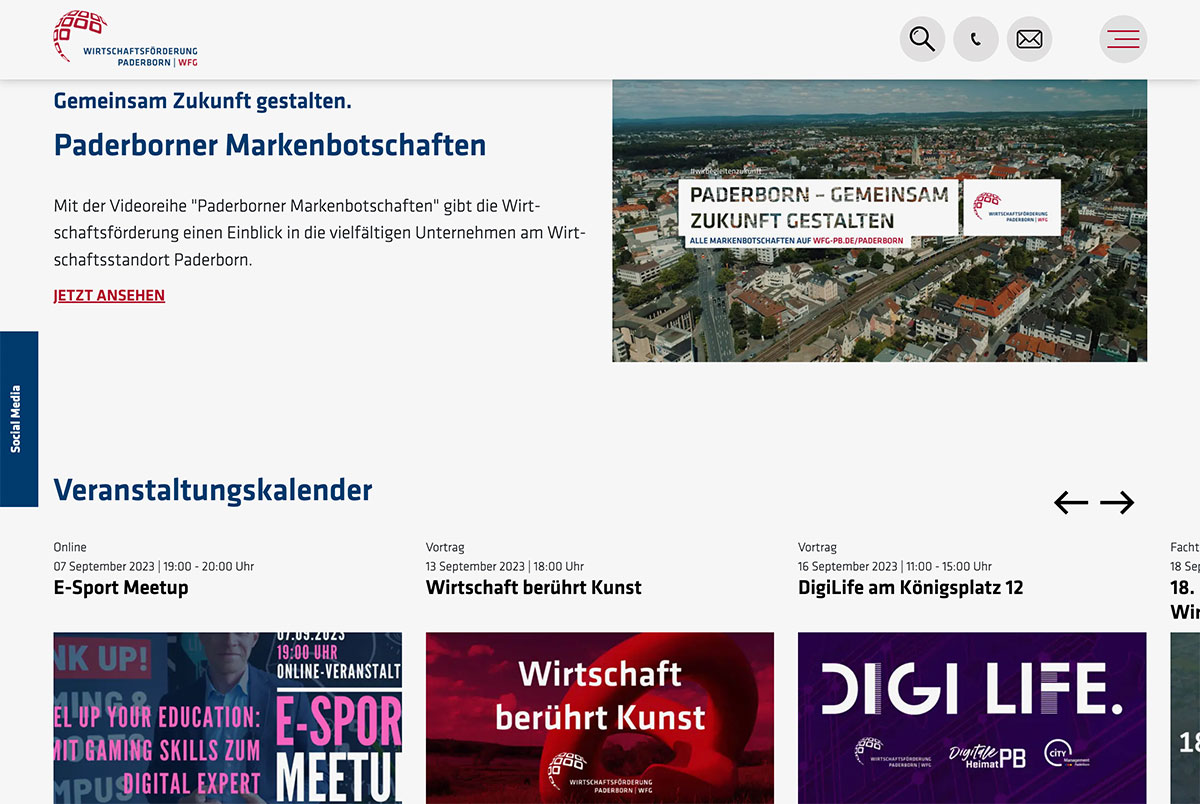 Intuitive Nutzererlebnisse in der Webseite der Wirtschaftsförderung Paderborn. Übersichtlich und klar strukturiert. 